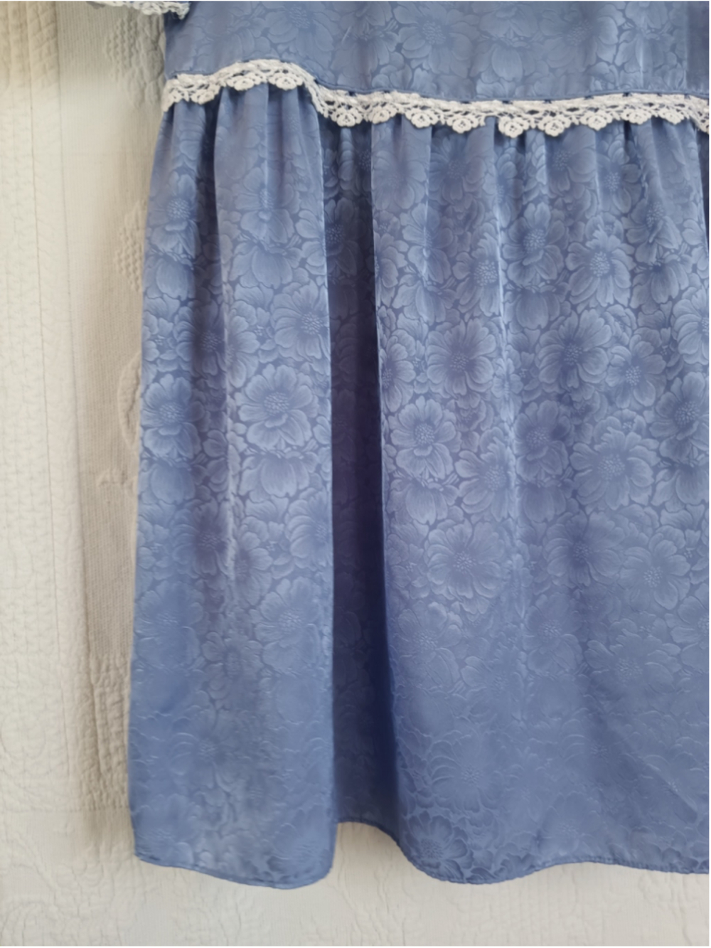 Vintage Jody California Blue Jacquard Drop Waist Dress 80s bib Lace romantic LG - Picture 5 of 12